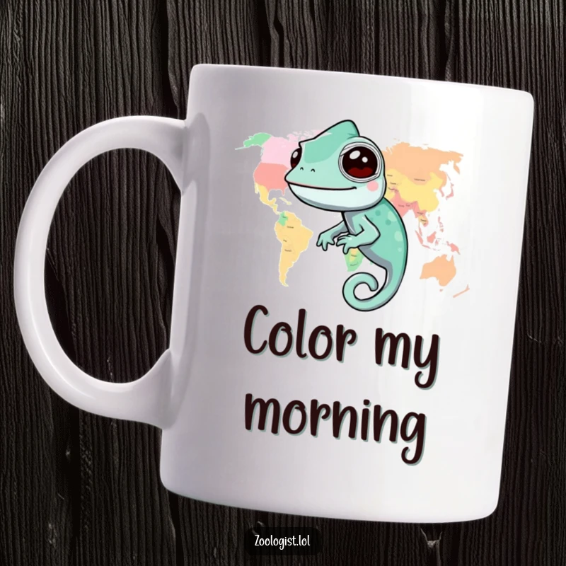 Funny chameleon mug featuring a happy chameleon perfectly blended into a brightly colored world map, showcasing adaptability.