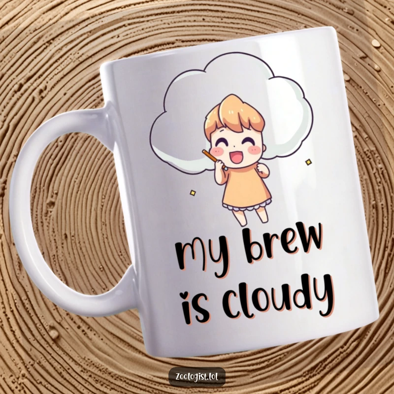 Funny mug showing a character happily sketching a large, comically shaped cloud with a pencil and big smile.