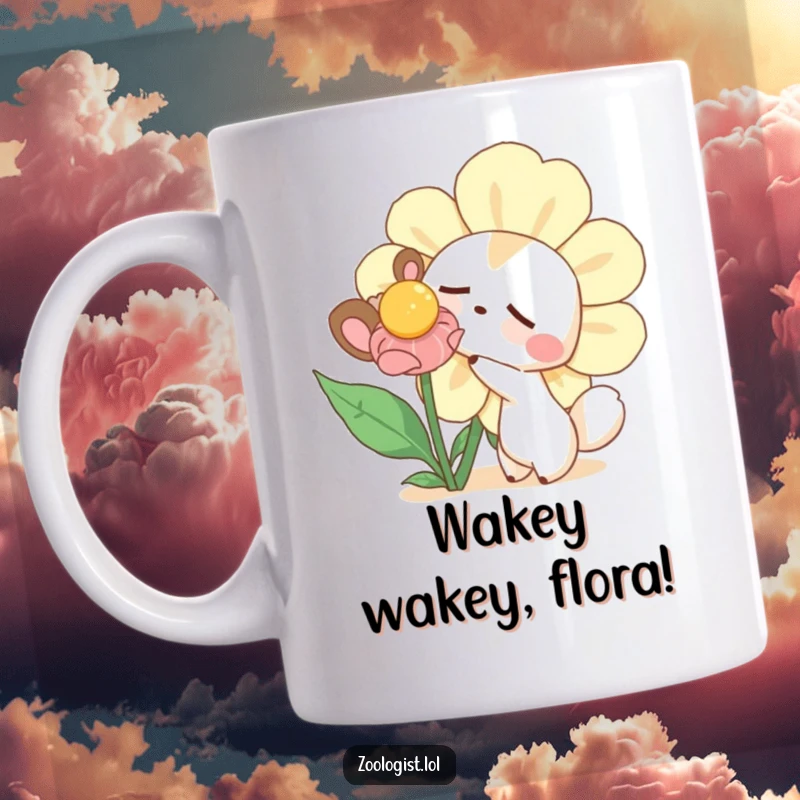 Funny mug showcasing a cute, curious animal character delicately poking a huge, sleepy flower, capturing a moment of gentle exploration and humor.