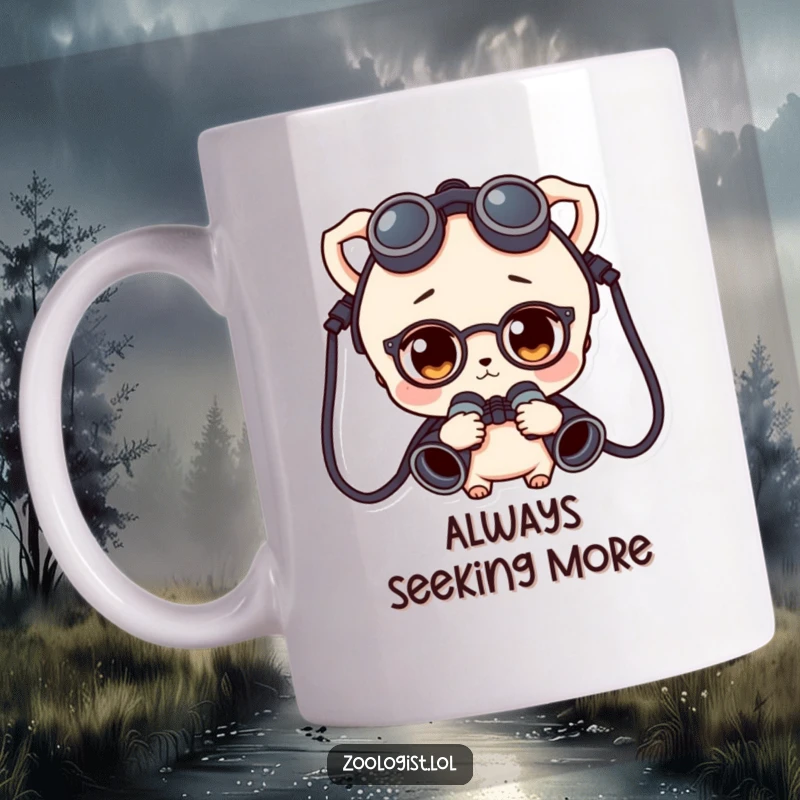 Funny character wearing binoculars around their neck, looking curious and ready to discover something new.