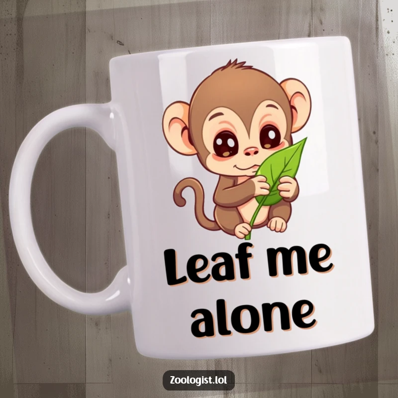 Funny mug with a curious monkey character intently examining a leaf with wide eyes, a great nature gift.