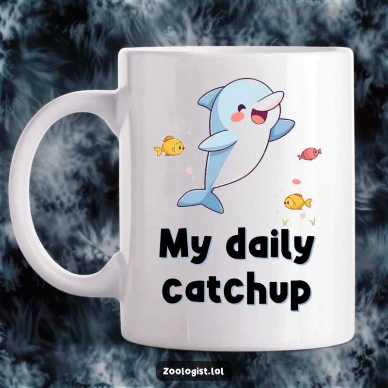 Funny mug depicting a gleeful dolphin leaping high out of water, eagerly spotting a school of fish below, full of energetic excitement.