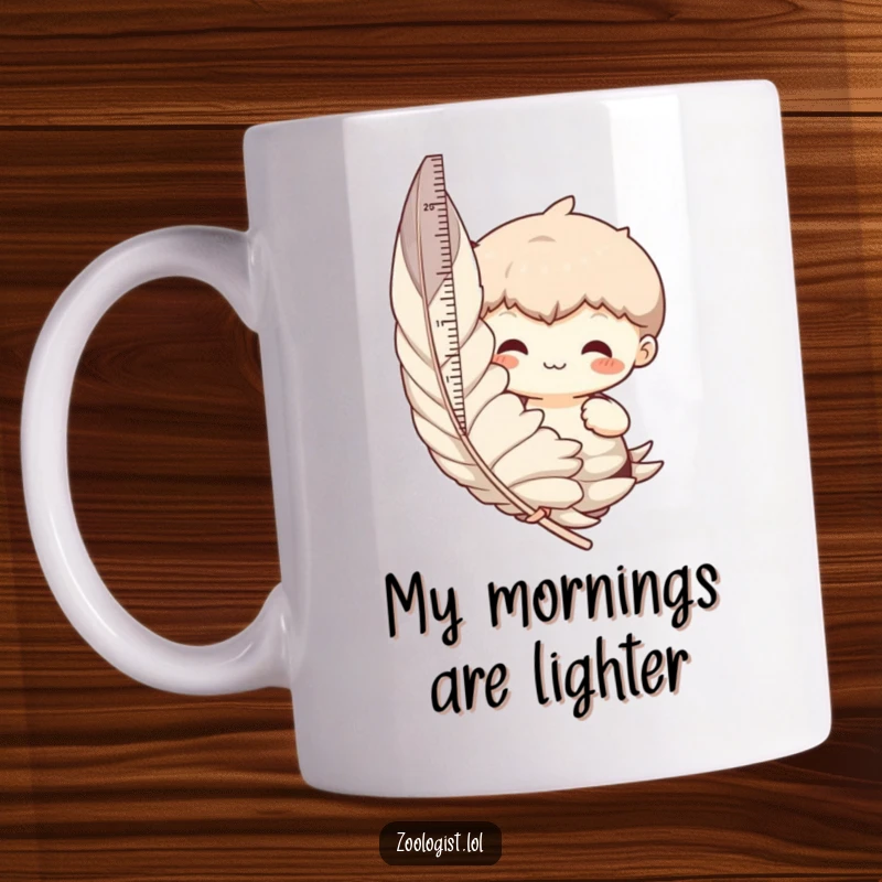 Funny mug showing a character with a measuring tape, precisely sizing up an enormous feather with a cheerful expression.