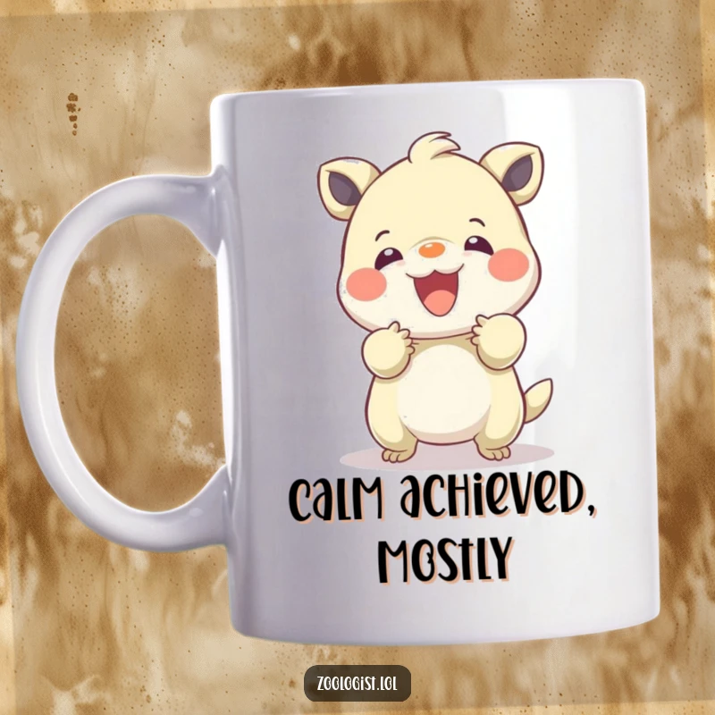 Funny mug showing a character gently calming a hyperactive, bouncing creature with soft, loving hands, radiating peace.