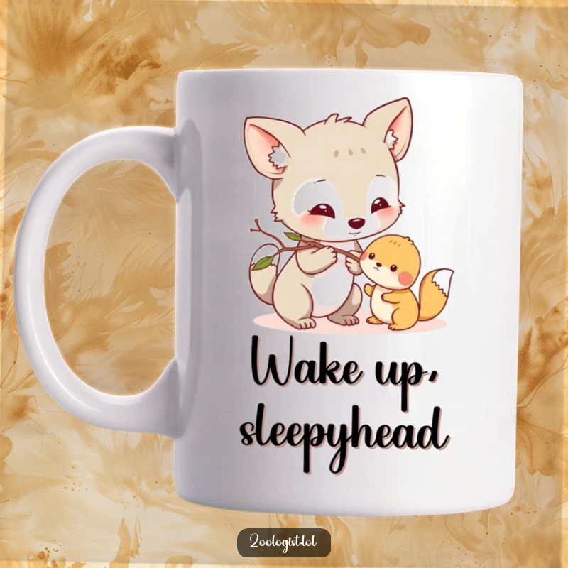 Funny Mug: A curious animal character gently nudges a small creature with a twig, showing a sweet, inquisitive nature.