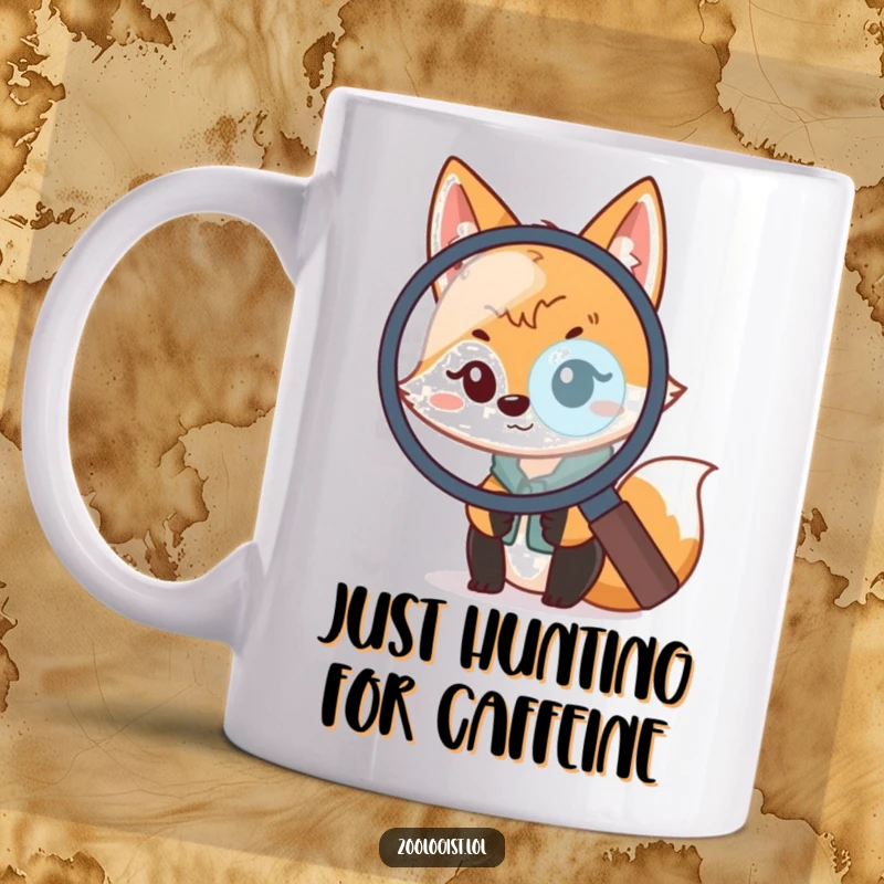 Funny Kawaii Fox Zoologist Mug: A cute fox scientist peeks curiously through a magnifying glass, ideal for funny animal gifts.