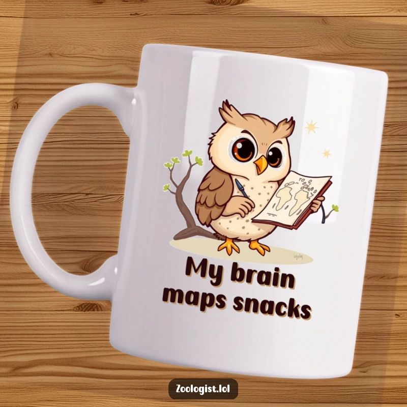 Funny owl mug, a cheerful owl artist sketching a savanna map with a pencil, looking focused and happy, perfect for art lovers.