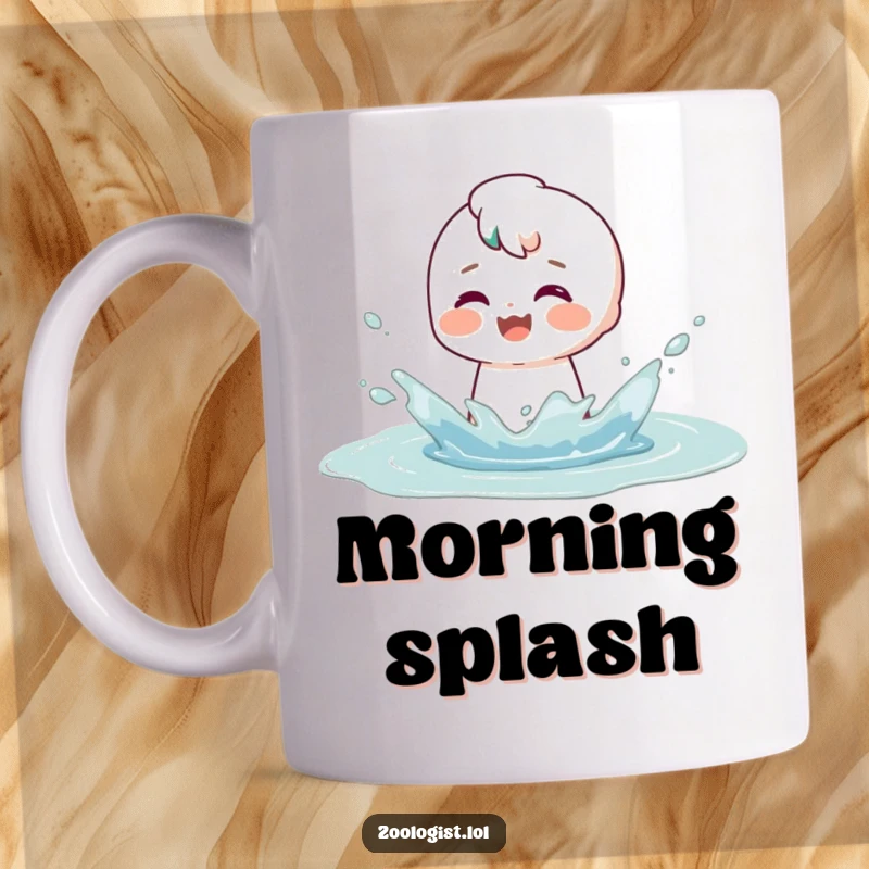 Funny mug showing a character gleefully splashing in a puddle with a look of pure, satisfied enjoyment and childlike delight.
