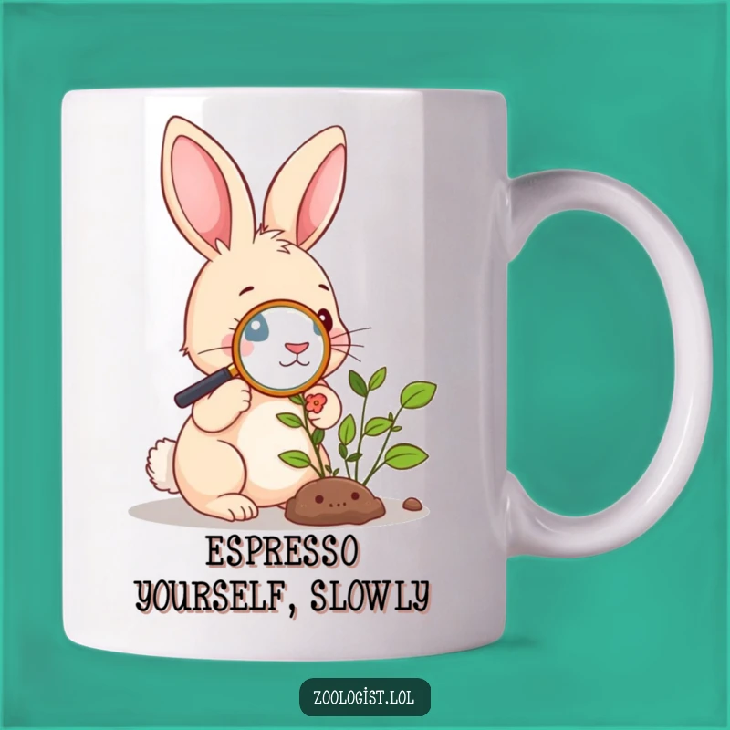 Funny Rabbit Botany Mug: Curious Bunny Magnifying Plant Gift