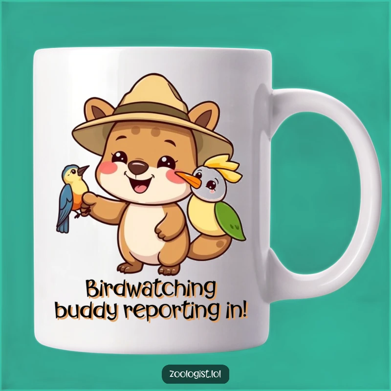 Funny Safari Animal Mug - Joyful Explorer Points at Bird, Perfect Adventure Gift