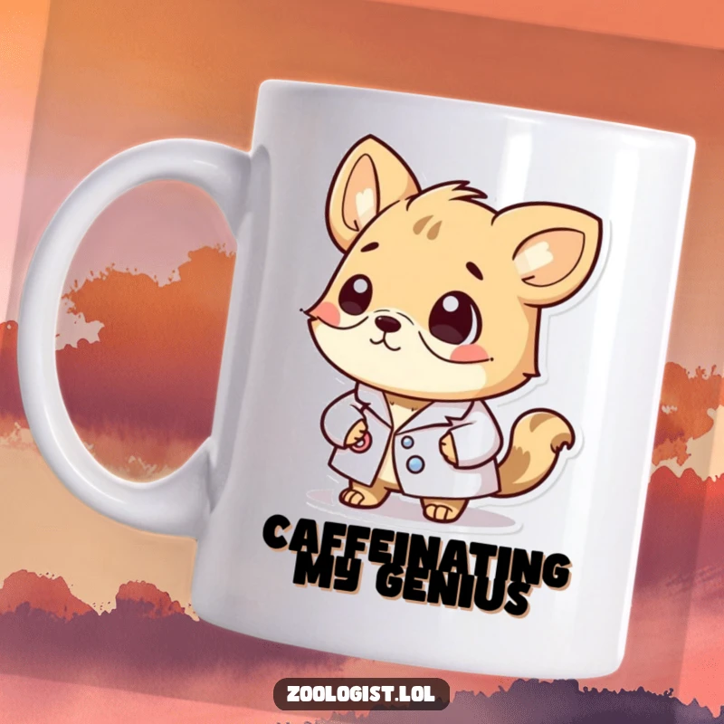 Funny mug featuring a cute animal character in a lab coat, looking incredibly thoughtful and intelligent, contemplating science.
