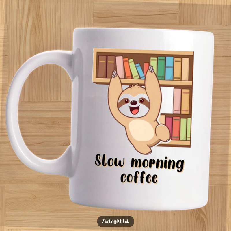 Funny delighted sloth character playfully dangling from a bookshelf on a mug, symbolizing relaxation and reading humor.