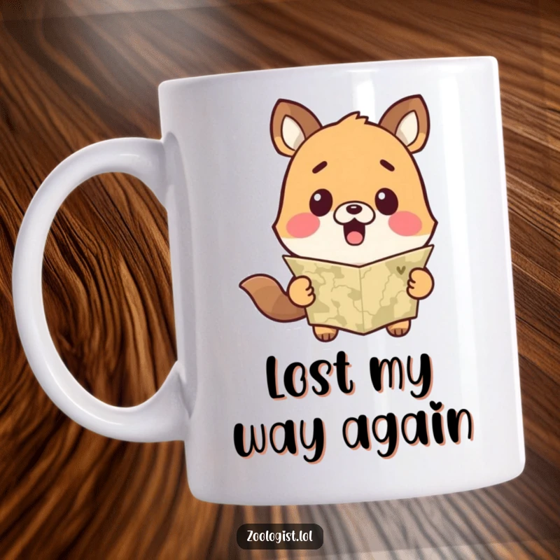 Funny mug showcasing a cute animal character with a shocked expression looking at a map, implying delightful confusion and surprise.