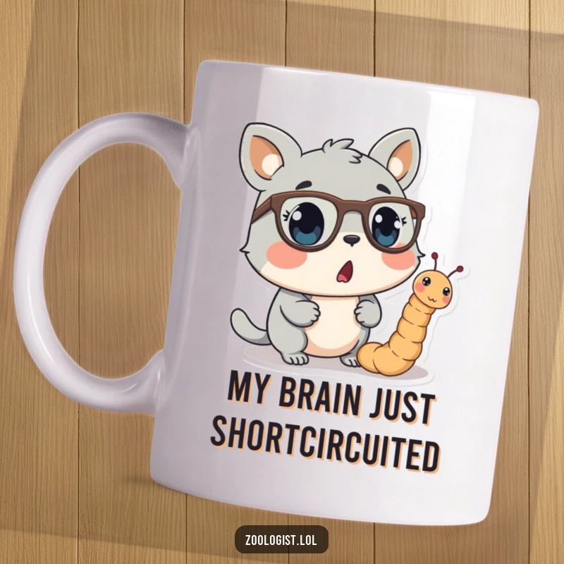 Funny mug featuring a wide-eyed, surprised animal character staring intently at a tiny worm sporting miniature spectacles, evoking curiosity and humor.