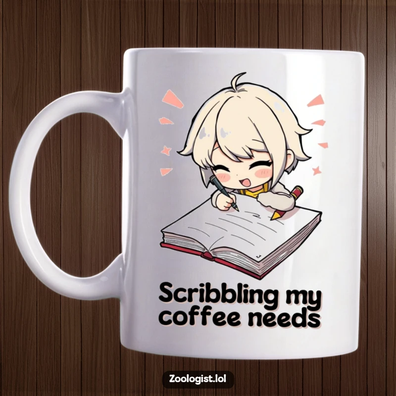 Funny mug showing an excited character scribbling furiously in a large notebook, perfect for writers and note-takers. A humorous gift.