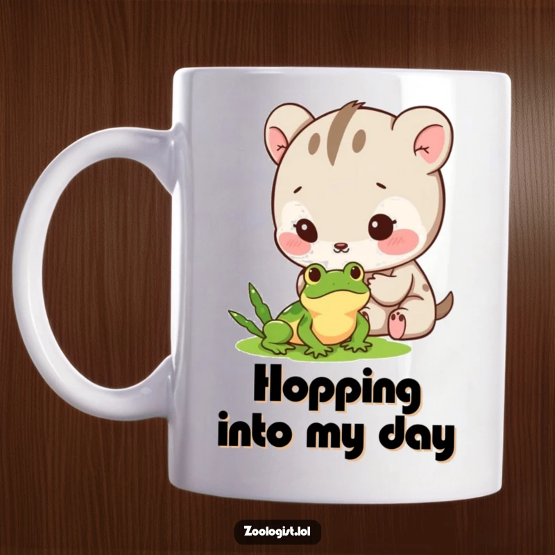 Funny Mug: A cute animal character observing a tiny frog with gentle excitement, full of wonder and curiosity.