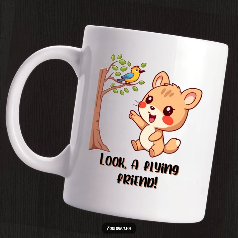 Funny Mug: A joyful animal character points excitedly at a bird perched in a tree, radiating pure delight.