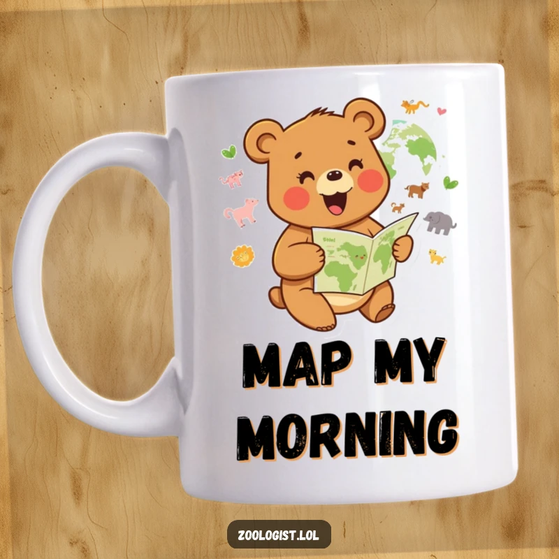Funny mug with a joyful bear character studying a map of animal habitats, a great adventure gift.
