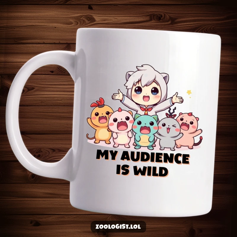 Funny mug featuring a character enthusiastically gesturing to a lively group of quirky, imaginary creatures having a blast at a party.