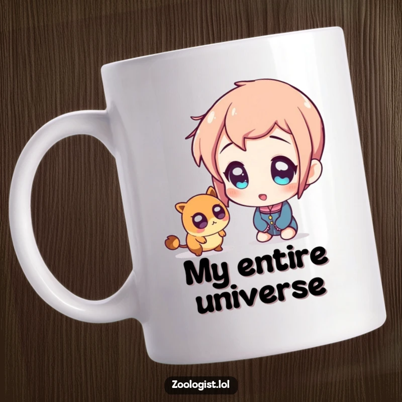 Funny mug featuring a character with comically wide, amazed eyes, observing a tiny creature with delightful curiosity and wonder.