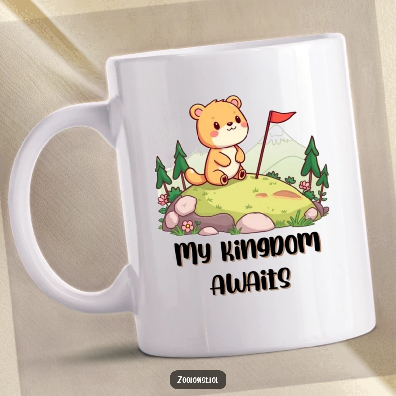 Funny mug with a cheerful animal character joyfully surveying a landscape and planting a small flag, embodying accomplishment and humor.