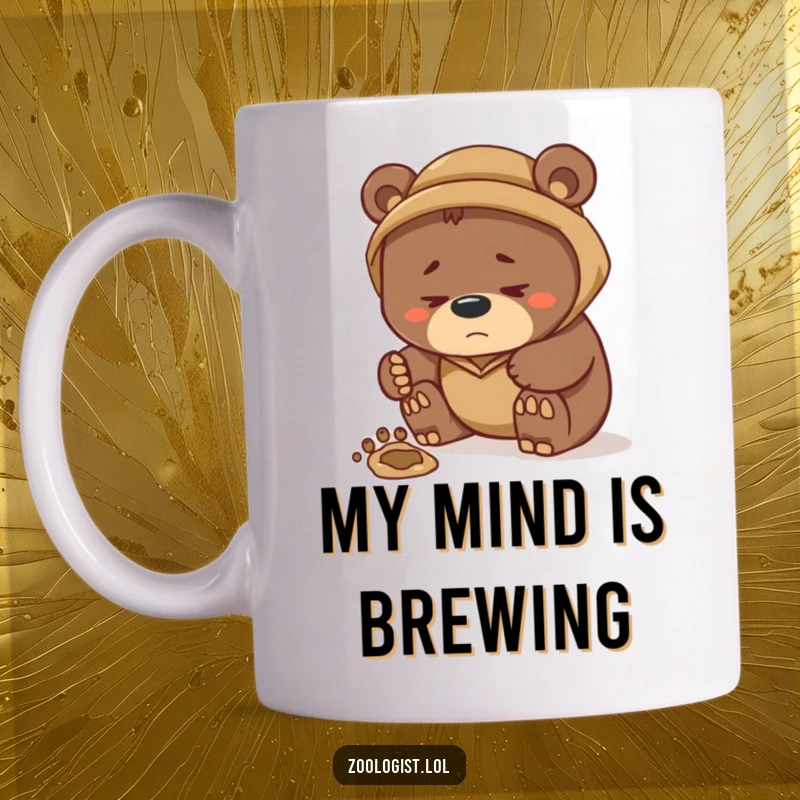 Funny mug with a thoughtful bear zoologist on the hunt, examining a large footprint with intense focus and a furrowed brow, perfect for nature enthusiasts.