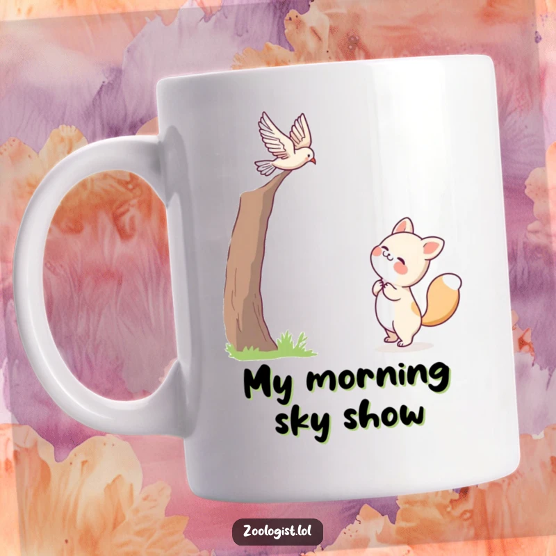 Funny mug with a cute animal character looking up joyfully at a bird in graceful flight, radiating happiness and appreciation.