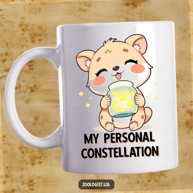 Funny animal mug giggling ecstatically with a jar full of glowing fireflies, capturing pure joy and childlike wonder.