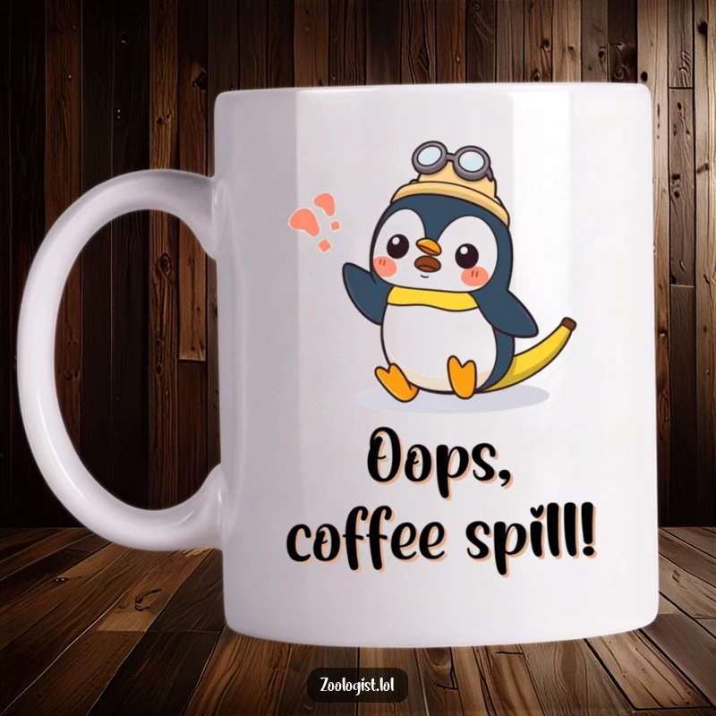 Funny surprised Kawaii penguin zoologist character slipping on a banana peel, hilarious moment captured, funny gift.