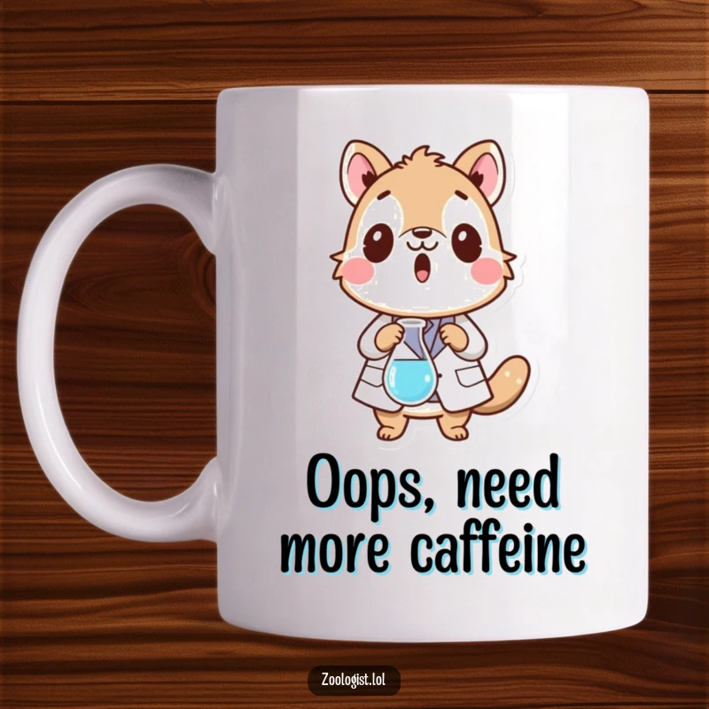 Funny mug featuring a surprised animal character in a lab coat dropping a beaker, capturing a moment of scientific oops.