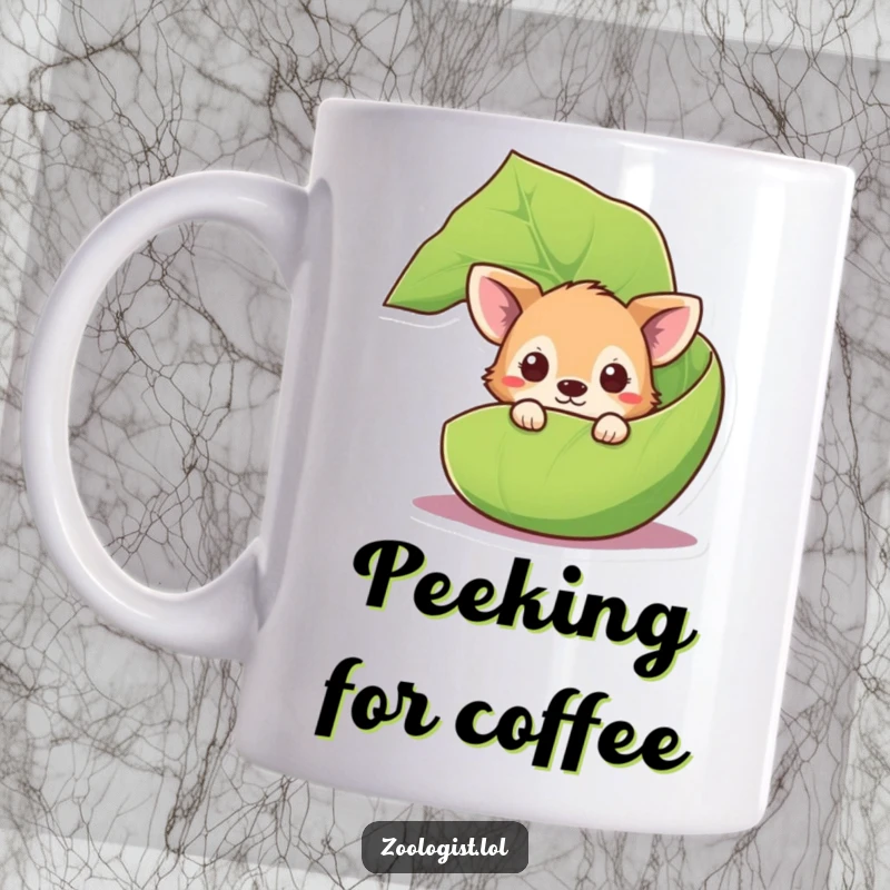 Funny curious animal mug with a cute creature peeking mischievously from behind a large, vibrant green leaf.