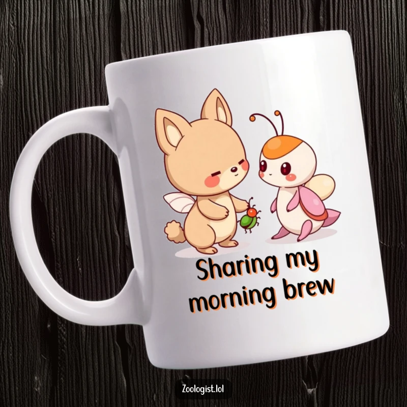 Funny mug featuring a cute animal character offering a friendly bug to another creature, celebrating kindness and friendship.