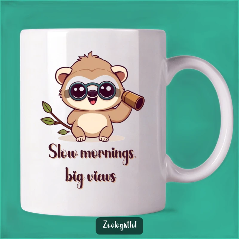 Funny Kawaii Sloth Zoologist Mug: Happy Character Amazed with Binoculars, Perfect Gift