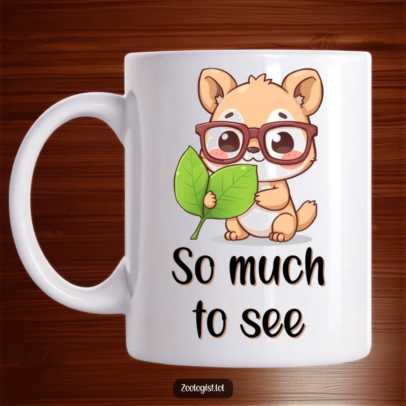Funny Mug: Cute animal character wearing oversized glasses, intently examining a green leaf with a curious expression.