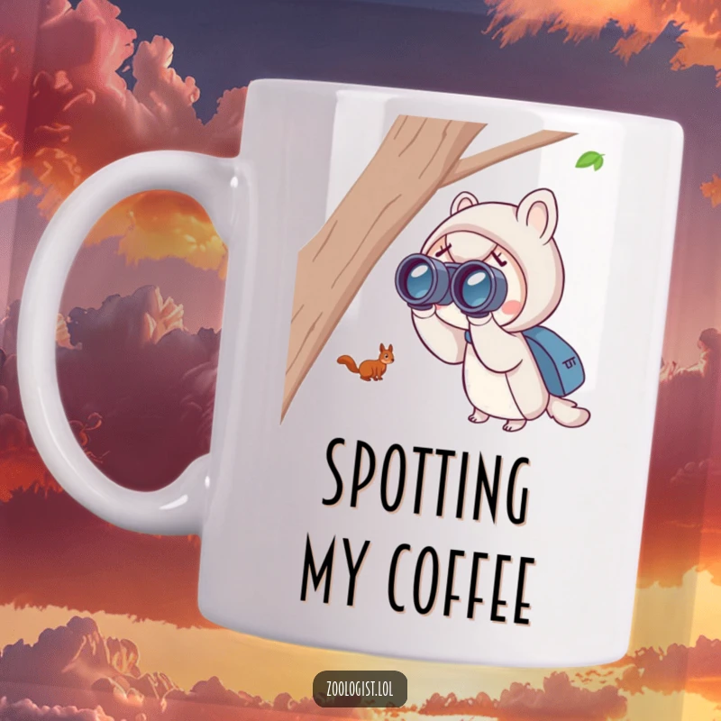 Funny squirrel spotting mug with a cute character using binoculars, excitedly observing a distant, playful squirrel.