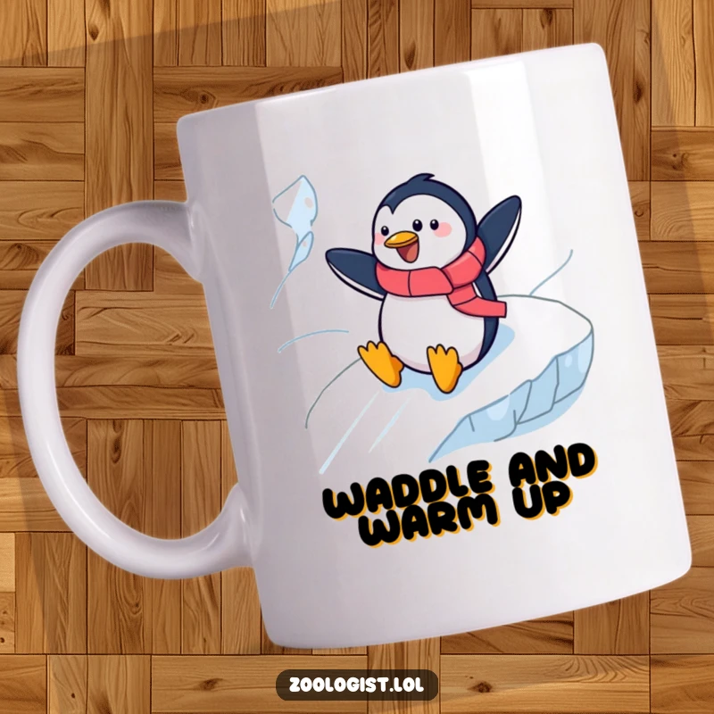 Funny cheerful penguin zoologist enthusiastically sliding down an icy slope on a mug, celebrating winter fun and animal study.