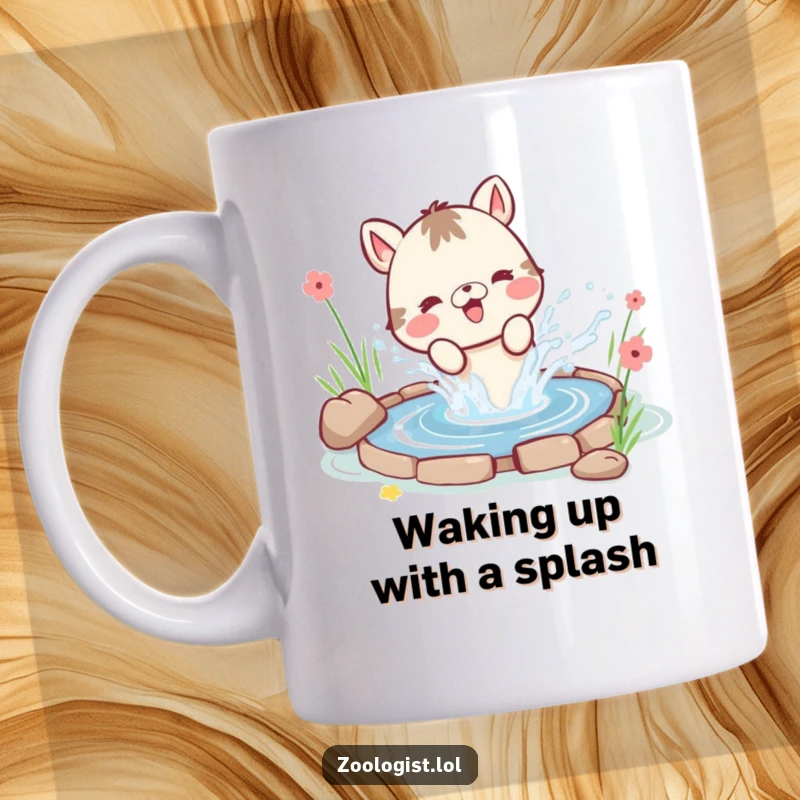 Funny animal mug joyfully splashing water with abandon from a small pond, showcasing pure, uninhibited happiness.