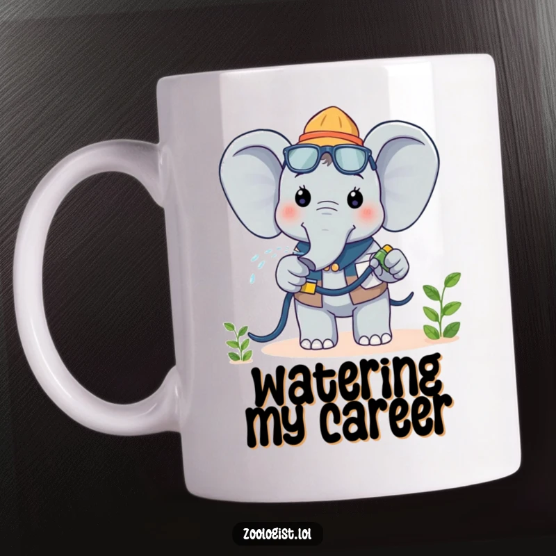 Funny Kawaii Elephant Zoologist Mug: A cheerful elephant zoologist happily sprays a plant with water from a hose, spreading joy.