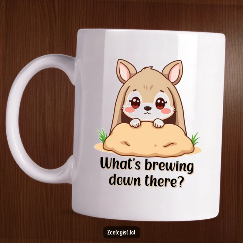 Funny Mug: A cute animal character peering into a burrow with a quizzical expression, full of curiosity and intrigue.