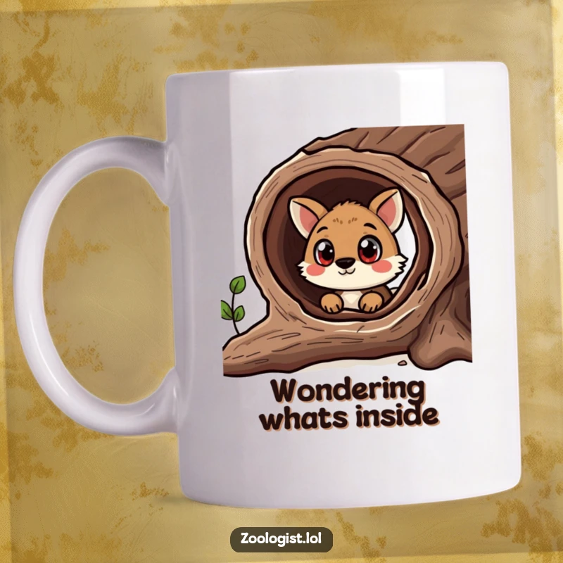 Funny mug featuring a curious animal character with wide eyes peering intently into a hollow log, expressing wonder and humor.