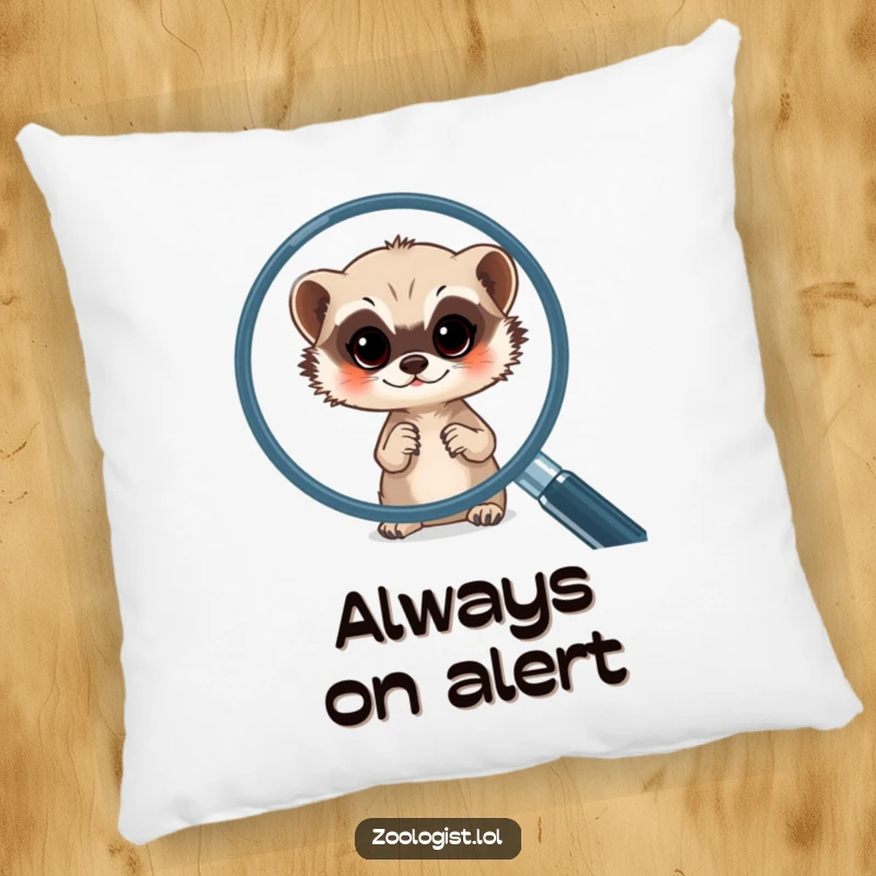 Funny meerkat pillow showing a cute meerkat peeking out from behind a magnifying glass, adding a touch of playful curiosity.