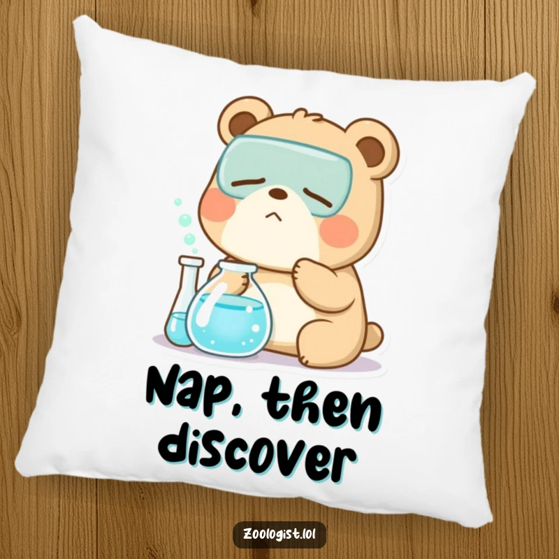 Funny Kawaii bear zoologist character yawning near a bubbling beaker, a soft and humorous pillow for tired scientists.