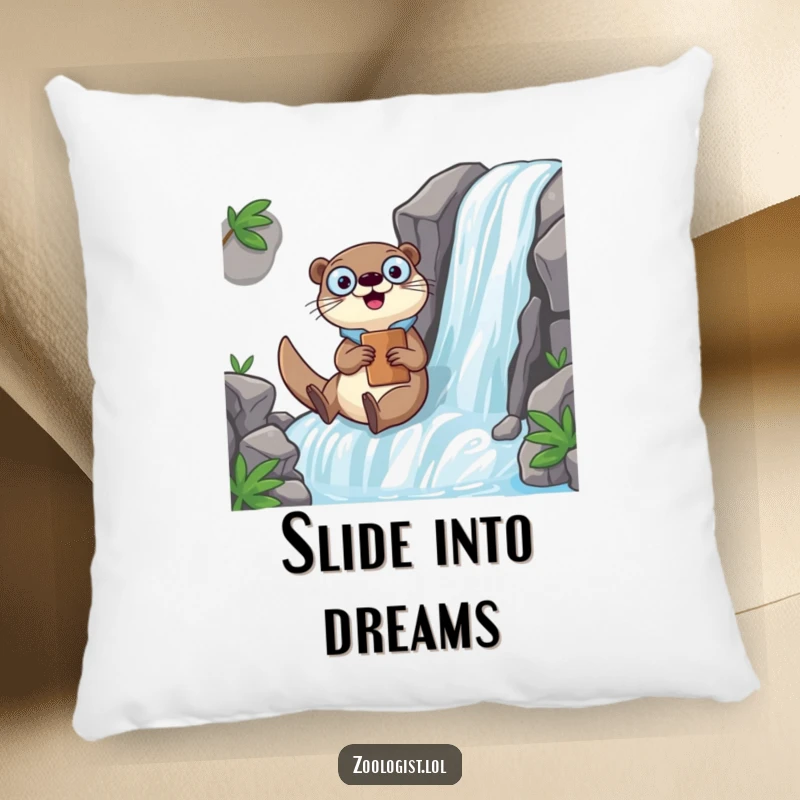 Funny Kawaii otter zoologist character sliding down a waterfall with a clipboard, a soft and humorous pillow for adventurers.
