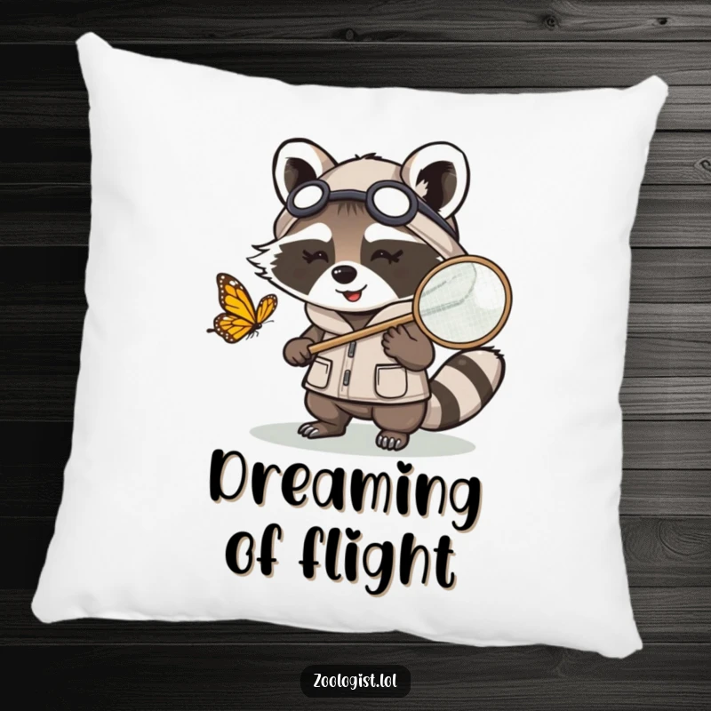 Funny Kawaii raccoon zoologist character chasing a butterfly with a net, a soft and humorous pillow for nature lovers.