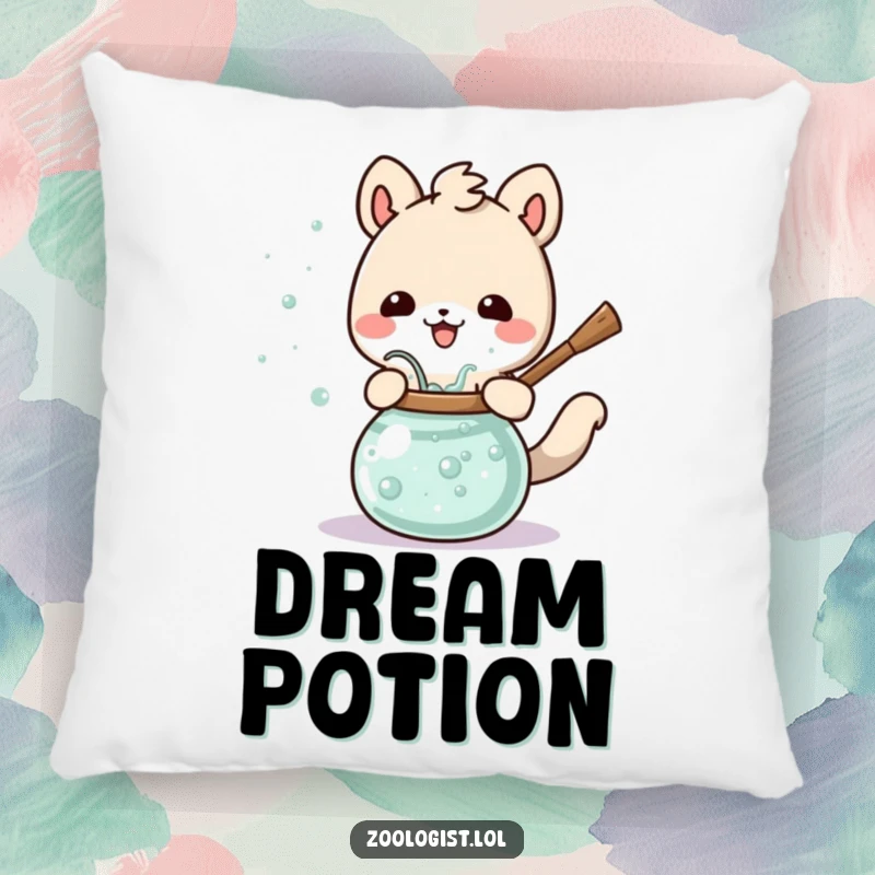 Funny Cute Animal Pillow Happily Stirring a Bubbling Potion, Soft and Humorous Magical Accent.