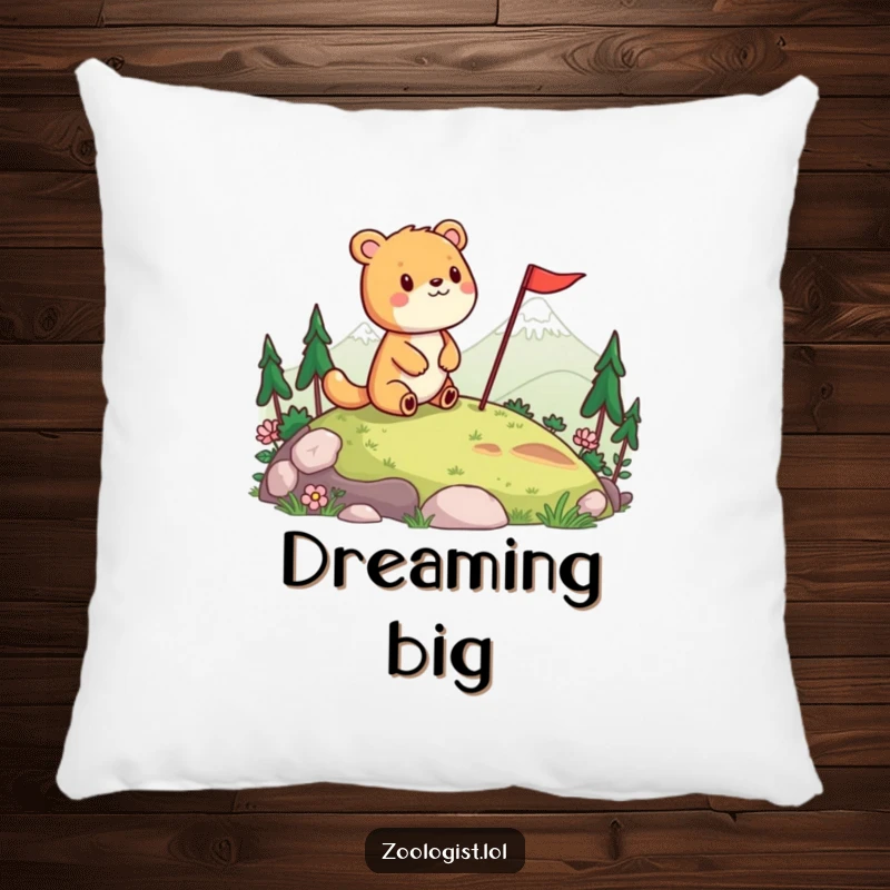 Funny pillow showing a cheerful animal surveying a landscape and planting a flag, combining comfort with humorous celebration.
