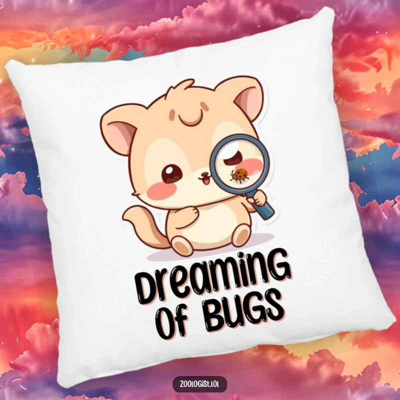 Funny Pillow: Playful animal character holding a magnifying glass, examining a small bug, bringing comfort and amusement.