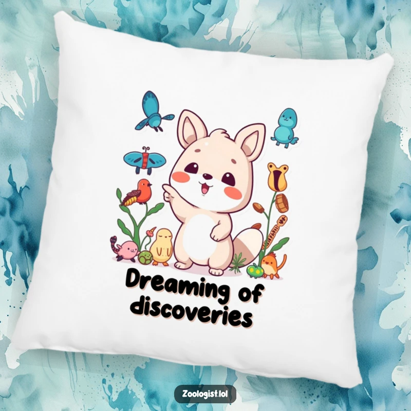 Funny pillow with a cute animal character excitedly pointing at a collection of specimens, perfect for collector's relaxation.