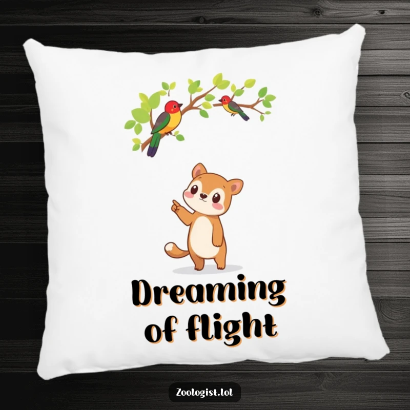 Funny decorative pillow showcasing a cute animal character pointing excitedly upwards at a beautiful, vividly colored bird in a tree.
