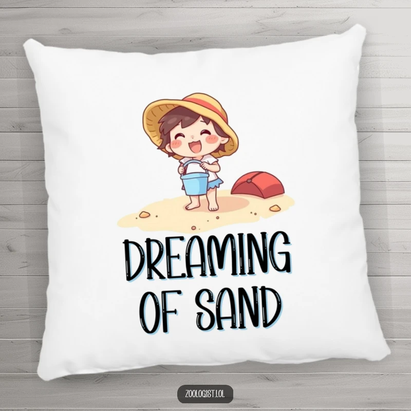 Funny beach character pillow with a joyful creature holding a tiny bucket and spade, adding comfort and seaside cheer.